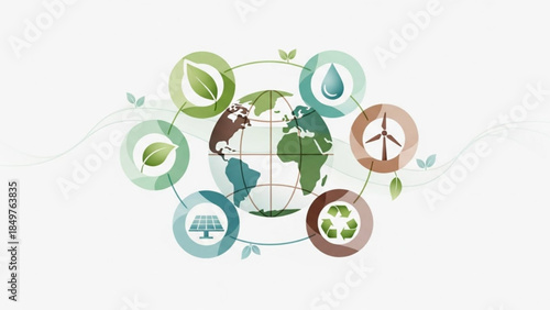 Earth surrounded by eco friendly symbols like leaves, water droplets, wind turbines, recycling signs, and solar panels for sustainable living and environmental
