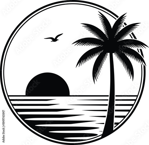 Tropical Sunset Beach Silhouette Illustration with Palm Tree, Ocean Waves, and Birds in Minimal Black Circular Emblem Style for Summer and Travel Design
