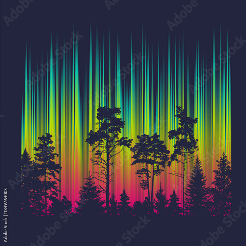 Abstract northern lights in the forest. Pine forest against the backdrop of the northern lights. Forest landscape.
