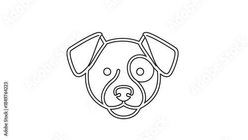 Minimalist continuous line art icon depicting a friendly dog face with a distinctive eye patch perfect for pet branding