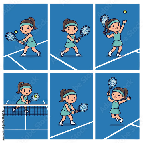 Cute cartoon girl playing tennis in various poses on a blue court.