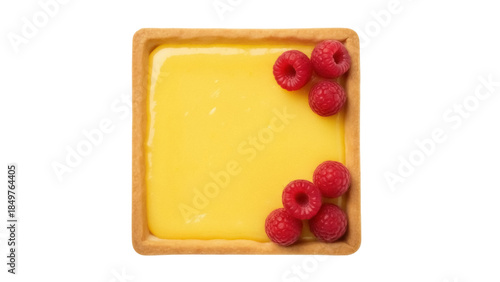 Isolated lemon tart with raspberries, sweet and sour pie, dessert, food photography