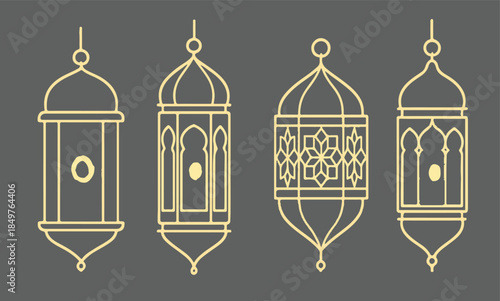 Golden Ramadan Lantern Outlines on Dark Background, Elegant Islamic Fanous Set for Eid Mubarak, Decorative Gold Line Art Hanging Lamps for Holiday Design