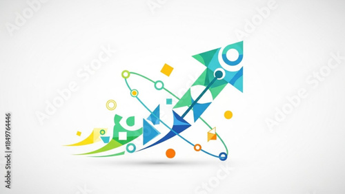 Vibrant geometric shapes forming a stylized rocket in blue, green, and yellow hues on white background, conveying innovation and progress