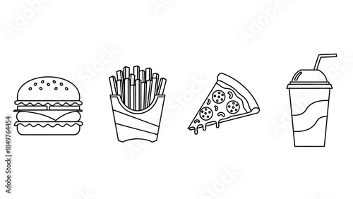 Simple black and white outline icons representing a classic fast food combo meal including burger fries pizza and drink