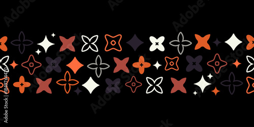 Seamless horizontal border pattern with abstract shapes in orange, red, white, and black, ideal for packaging, fabric design, website banners, or decorative prints Vector illustration