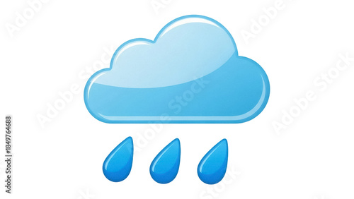 Isolated Shiny light blue cloud with rain drops falling below on light background weather app icon