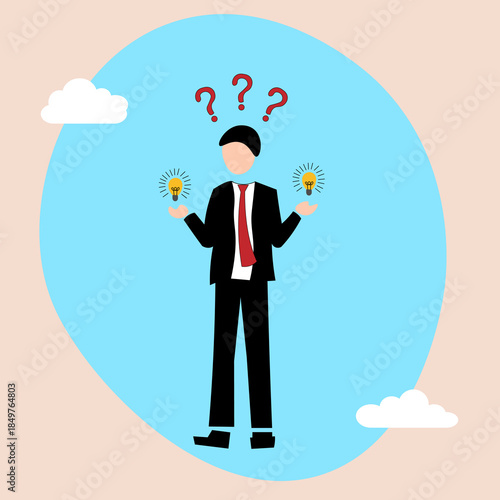 Vector illustration of a businessman contemplating ideas and making a decision, representing critical thinking, problem solving, strategy, leadership, and business decision-making concepts.