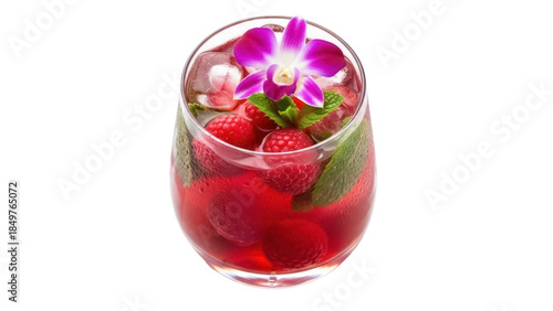 Принти на полотні Isolated refreshing beverage with raspberries, ice, and edible flower for a summ