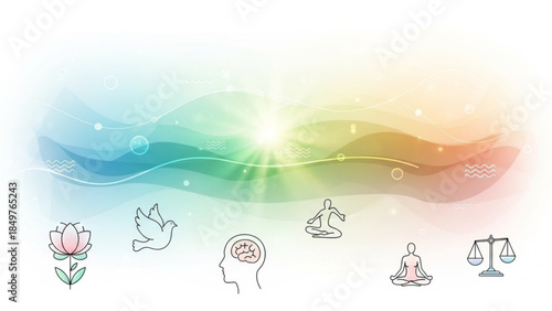 Vibrant rainbow background with meditation, balance, thought, dove, lotus, and scales icons representing harmony, mindfulness, and inner peace concepts