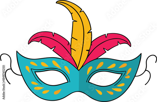 Teal masquerade mask with pink and yellow feathers isolated