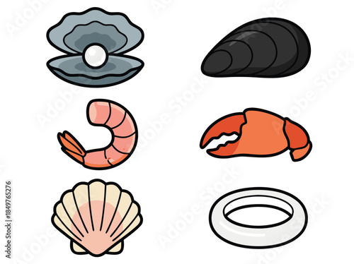 Seafood Icons - Oyster, Mussel, Shrimp, Crab, Scallop, Calamari.