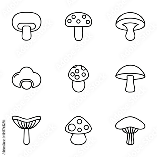 Collection of nine simple black outline icons representing various types of mushrooms and fungi