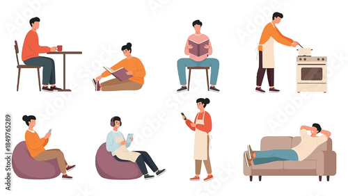 People Activity in Home 2D Flat Vector Icon Set
