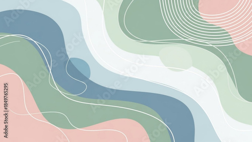 Abstract background with swirling lines and pastel colors in shades of blue, green, pink and white for design and decoration purposes
