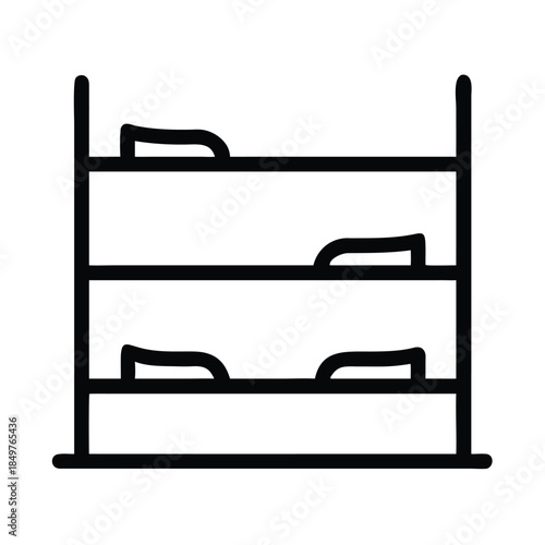 Simple black and white icon representing a three tier bunk bed structure for sleeping arrangements