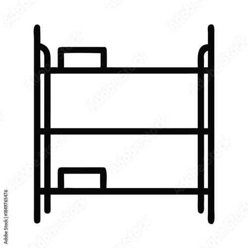 Simple black line art icon representing a classic metal frame bunk bed for sleeping arrangements