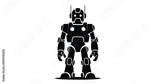 Black silhouette robot standing alone in flat minimalist style isolated on white background