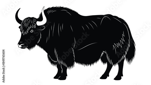 Black silhouette of a yak standing in profile against a isolated on white background