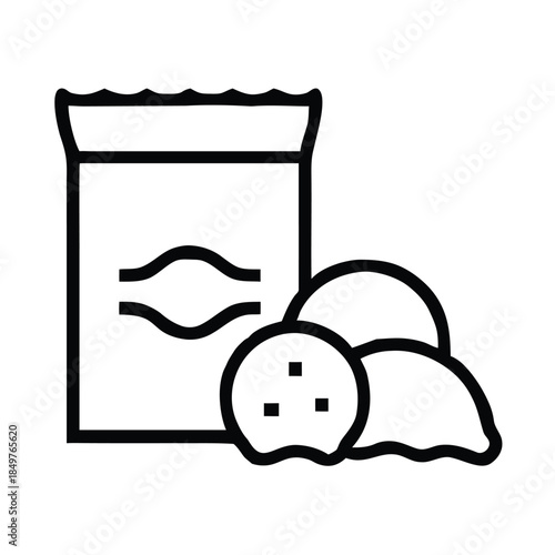 Simple black and white icon representing a bag of cookies or sweet snack food items for sale