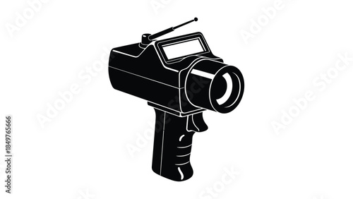 Black silhouette of a handheld video camera with antenna and lens, , flat design isolated on white background