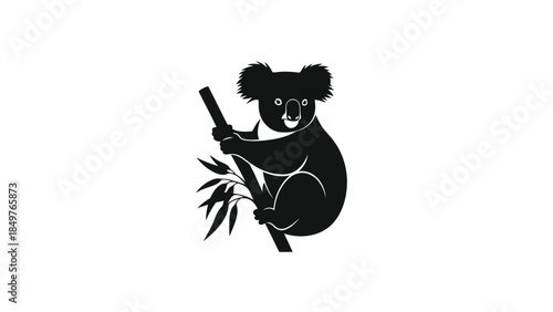 Minimalist black silhouette of a koala bear sitting on a branch isolated on white background