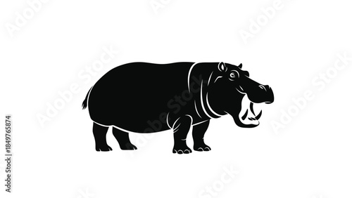 Black hippopotamus silhouette standing profile view flat design isolated on white background
