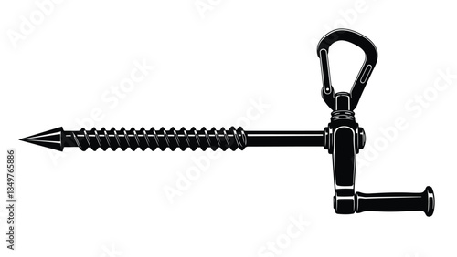 Black silhouette of a screw anchor with a carabiner on a isolated on white background