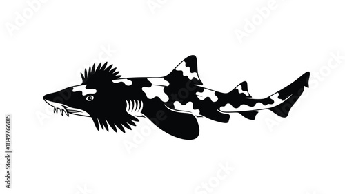 Black silhouette of a catfish with white spots swimming on a isolated on white background