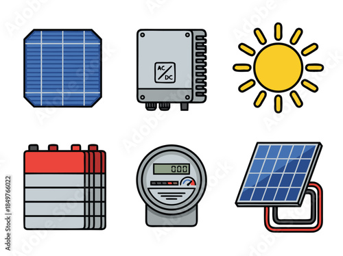 Solar Energy System Components Illustration Set.