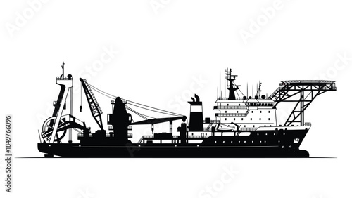 Large offshore supply ship silhouette with crane and deck structure isolated on white background