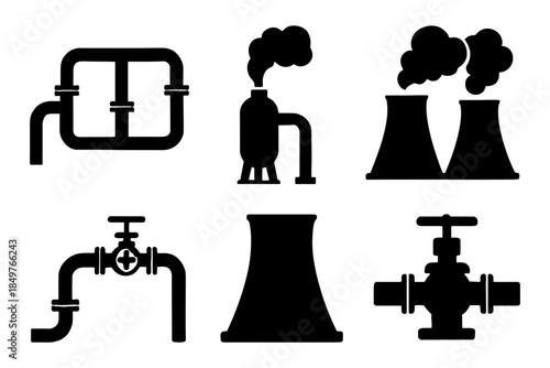 Industrial pipe and factory icon set: valves, reactors, cooling towers.