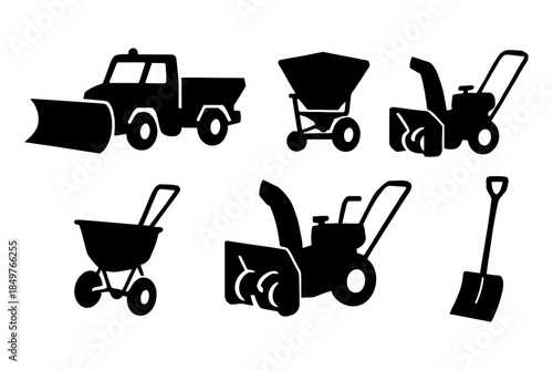 Silhouette collection of snow removal equipment including truck and tools.