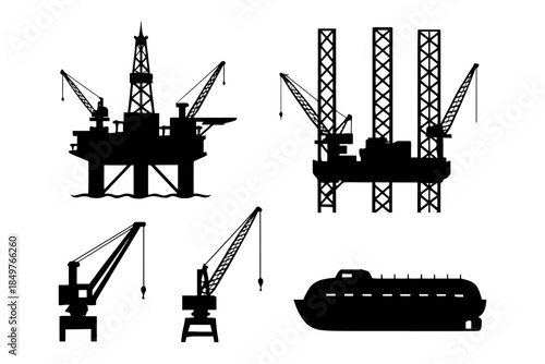 Silhouettes of oil rigs, cranes, and ship on white background.