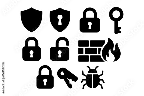 Security icons: lock, key, shield, firewall, bug silhouettes in black and white.