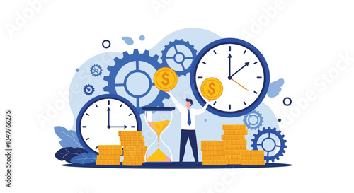 Businessman successfully managing finances and productivity, surrounded by clocks, coins, and an hourglass to show time is money.