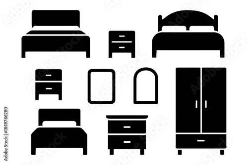 Black silhouettes of bedroom furniture including bed, wardrobe, and nightstands.
