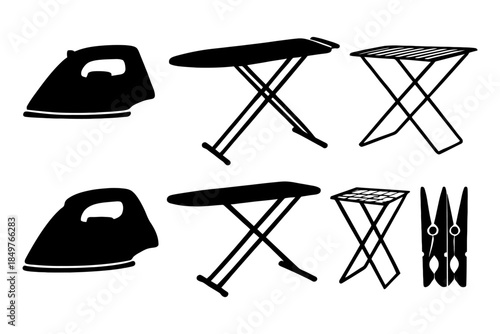 Silhouette icons of household laundry items: ironing boards and clothes pegs.