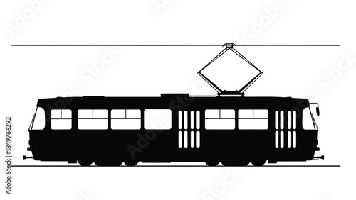 Black silhouette of a modern tram against a isolated on white background