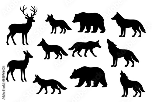 Silhouette collection of wild animals including deer, wolves, and bears.