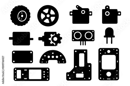Silhouette of mechanical and electronic parts collection.