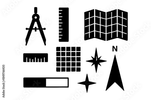 Black silhouettes of navigation and measurement tools collection.