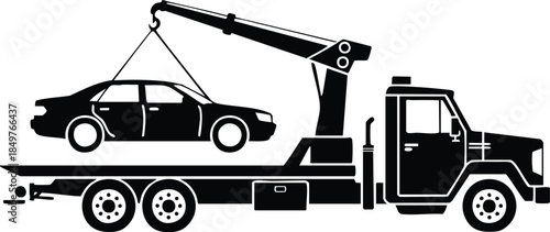Black Silhouette of a Flatbed Tow Truck Lifting a Car, Roadside Assistance and Recovery Vehicle Graphic, Minimalist Tow Truck Vector Illustration, silhouette, illustration, vector