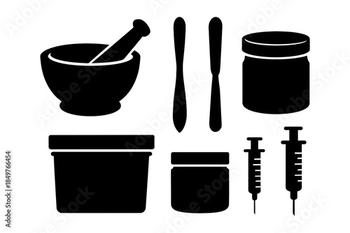 Silhouette of apothecary tools: mortar, pestle, jars, syringes, and applicators.