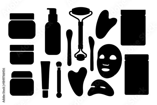 Silhouette of skincare tools and products on white background.