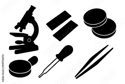 Microscope with laboratory equipment: petri dishes, slides, pipette, tweezers in black silhouette.