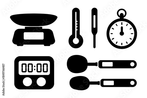 Silhouette icons of cooking tools: scale, thermometer, stopwatch, timer, measuring spoons.