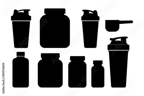 Silhouette collection of various supplement bottles and shakers.