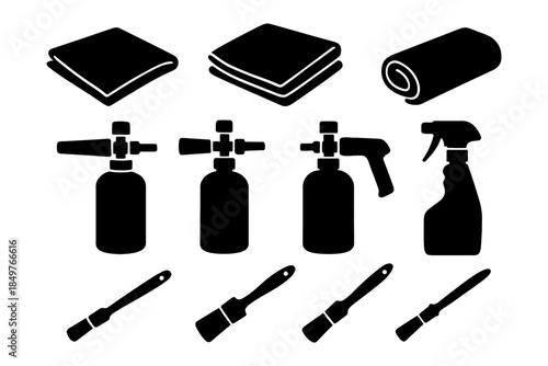 Silhouette cleaning tools: cloths, spray bottles, brushes, foam cannons.