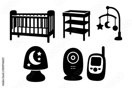 Baby room essentials: crib, changing table, mobile, night light, baby monitor icons.